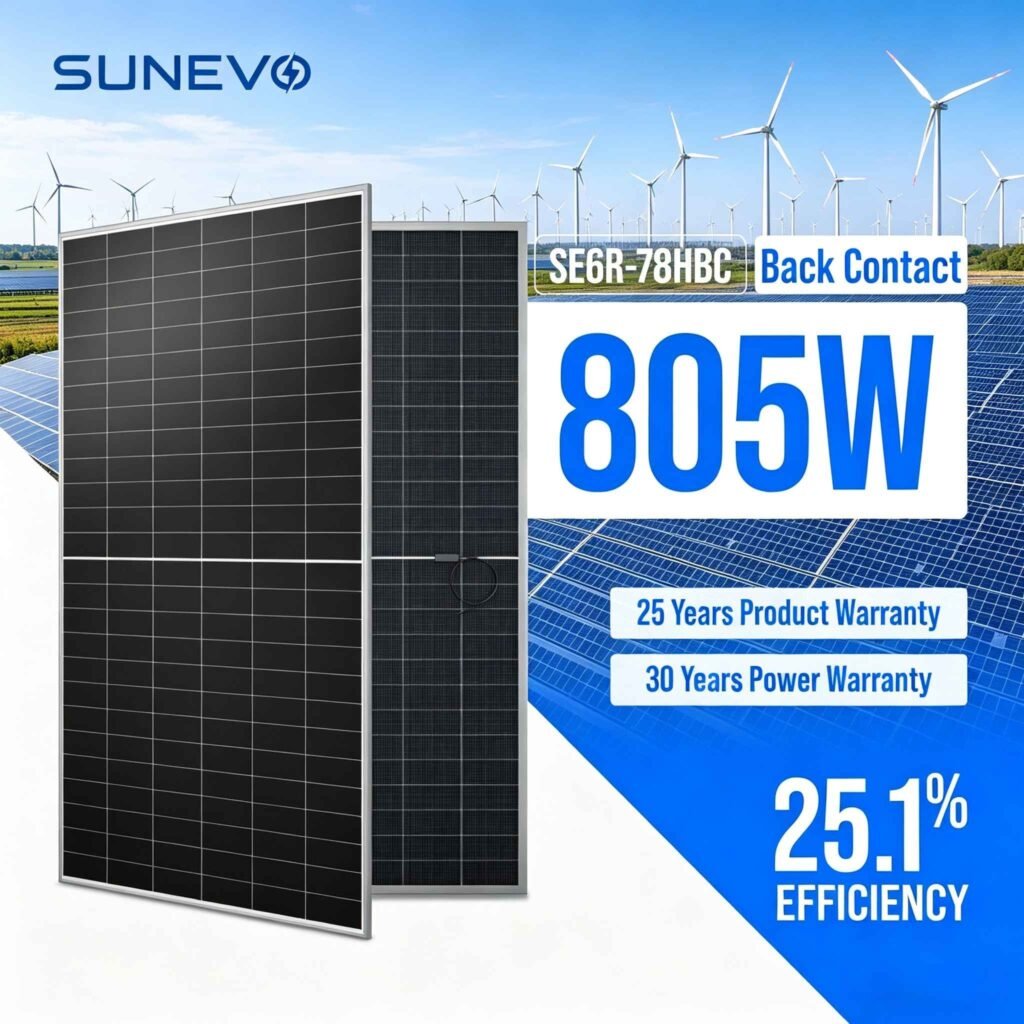 Sunevo High Power 805W 770W 750W N Type Bc Bifacial Solar Panels for Home Solar Rooftop and Utility Scale